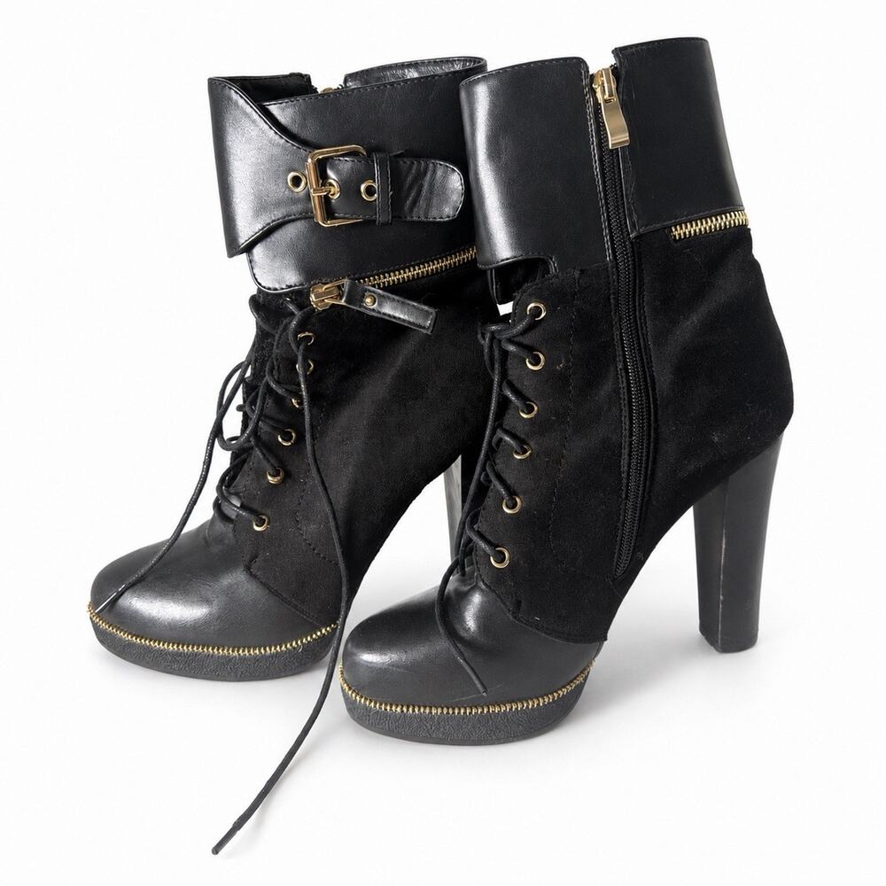 Shaline Women’s 8.5 Black Platform Lace Up High Heel Ankle Boots Gold Zip